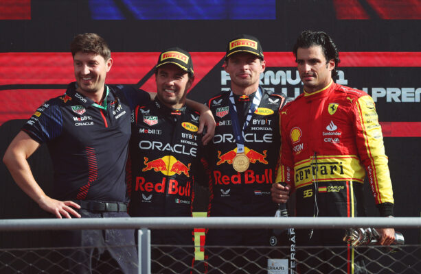 MONZA, ITALY - SEPTEMBER 03: Race winner Max Verstappen of the Netherlands and Oracle Red Bull Racing, Second placed Sergio Perez of Mexico and Oracle Red Bull Racing and Third placed Carlos Sainz of Spain and Ferrari celebrate on the podium during the F1 Grand Prix of Italy at Autodromo Nazionale Monza on September 03, 2023 in Monza, Italy. (Photo by Ryan Pierse/Getty Images) // Getty Images / Red Bull Content Pool // SI202309030432 // Usage for editorial use only //