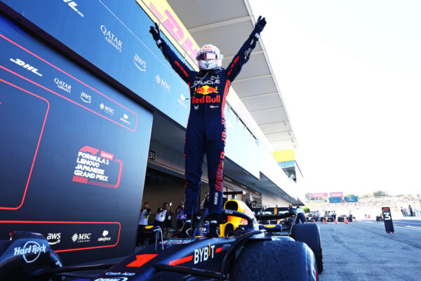 SUZUKA, JAPAN - SEPTEMBER 24: Race winner Max Verstappen of the Netherlands and Oracle Red Bull Racing celebrates in parc ferme during the F1 Grand Prix of Japan at Suzuka International Racing Course on September 24, 2023 in Suzuka, Japan. (Photo by Mark Thompson/Getty Images) // Getty Images / Red Bull Content Pool // SI202309240195 // Usage for editorial use only //