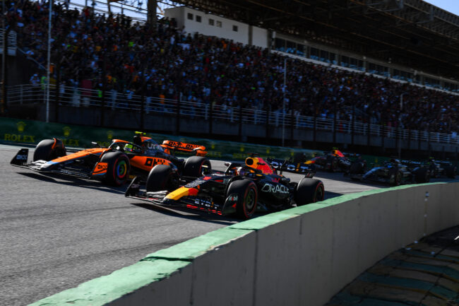 SAO PAULO, BRAZIL - NOVEMBER 04: Max Verstappen of the Netherlands driving the (1) Oracle Red Bull Racing RB19 leads Lando Norris of Great Britain driving the (4) McLaren MCL60 Mercedes on track during the Sprint ahead of the F1 Grand Prix of Brazil at Autodromo Jose Carlos Pace on November 04, 2023 in Sao Paulo, Brazil. (Photo by Rudy Carezzevoli/Getty Images)