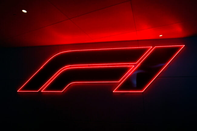 LAS VEGAS, NV - NOVEMBER 16: General view of a neon F1 logo during the Formula 1 Heineken Silver Las Vegas Gran Prix on November 16, 2023 on the Las Vegas Street Circuit  in Las Vegas, Nevada. (Photo by Jeff Speer/Icon Sportswire via Getty Images)